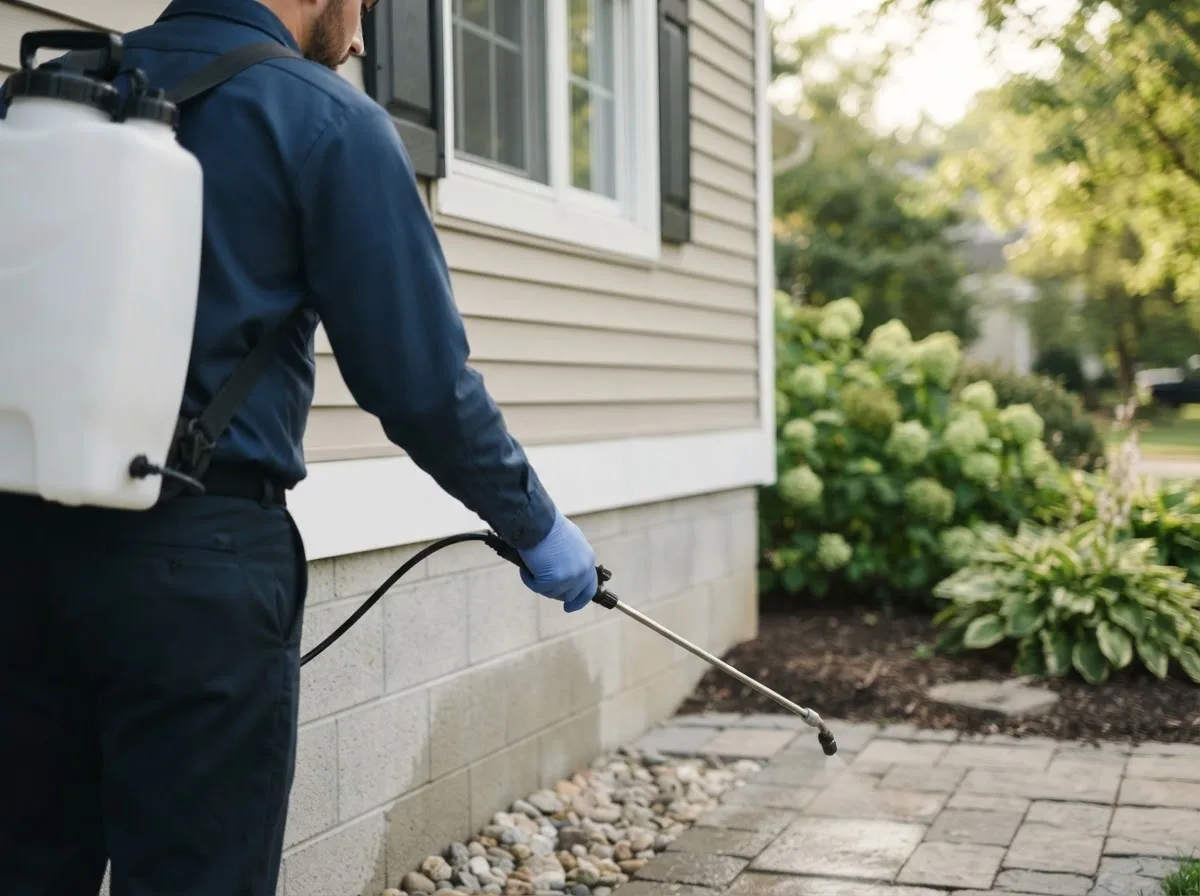 Pest control technician inspecting a home in Gile, WI